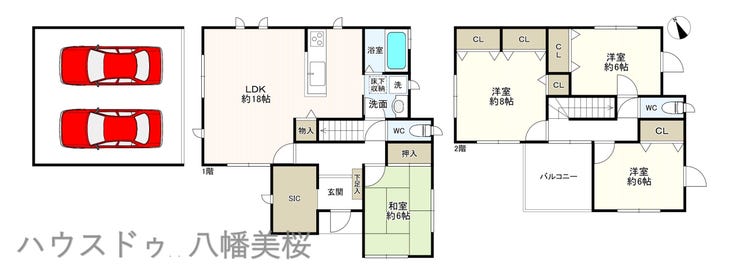 【間取り】
対面キッチン、駐車2台可、リビング18帖以上、全居室6帖以上、シューズインクローゼット付き、全居室収納あり♪