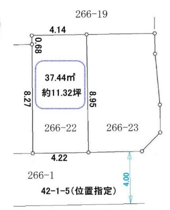 【全体区画図】
土地面積37.44㎡(約11.32坪)。南側道路に面した整形地で、敷地を有効活用しやすい区画です。