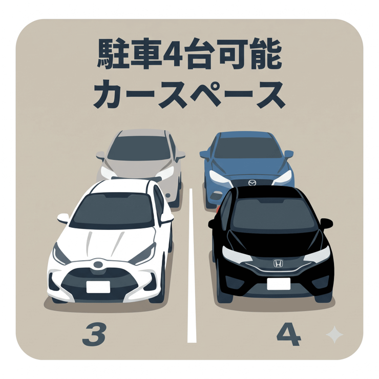 【最大5台駐車可能!前後2台ずつの並列・縦列スペース】
ご家族用はもちろん、来客時やセカンドカーの所有でも駐車場に困りません。
車が無い時は自転車置き場やDIYスペース等重宝する便利な広さです。