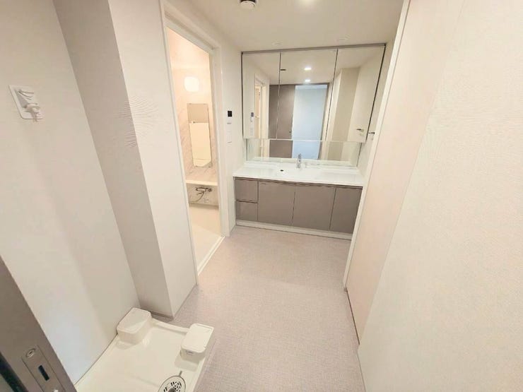 優しく落ち着いた色合いでまとめられた、心地よいゆとりを感じる洗面空間。朝の忙しい時間帯でも窮屈さを感じにくく、手洗いや身だしなみのチェックを落ち着いて快適に行うことができます。