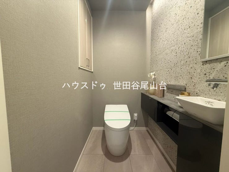 スタイリッシュなデザインのトイレ。手洗いカウンター付きで使い勝手にも配慮されています。