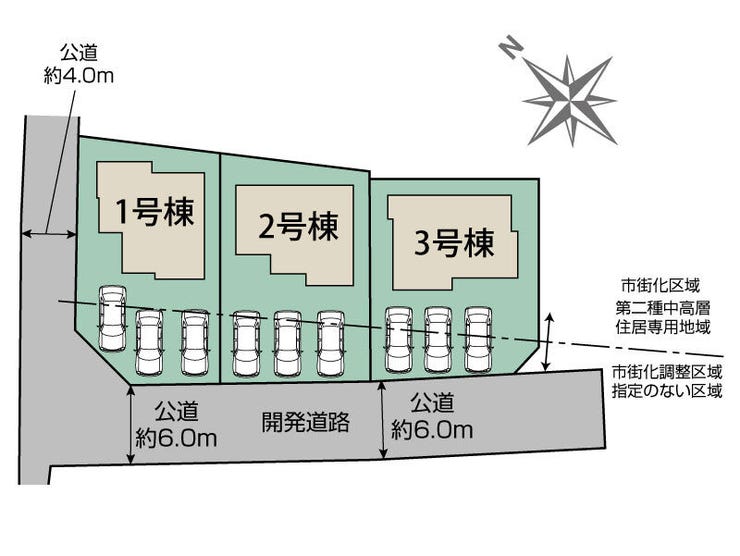 【区画図】
各棟駐車は並列で3台可能です。前面道路は幅6メートルあり、お車の入出庫も楽々です♪(甲斐市万才 新築建売住宅)