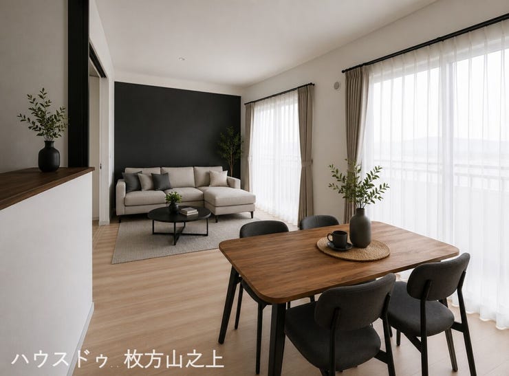 開放感のある明るいリビングダイニング。※家具はCGによる配置イメージです。