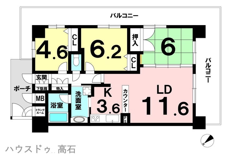 【間取り】
LDK(11.6畳)の隣には、引き戸を開放すれば一体化できる和室6帖を配置。
お子様の遊び場や、ゴロゴロ寛ぐスペースとして多目的に活躍します。