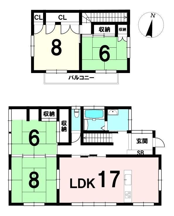 【間取り】
1階は17帖LDKと続き間の和室で広々。水回りが集約され家事動線◎。
2階は8帖洋室+和室2部屋で使い勝手良好。
南向きで陽当たり良好、収納も充実した4LDK。