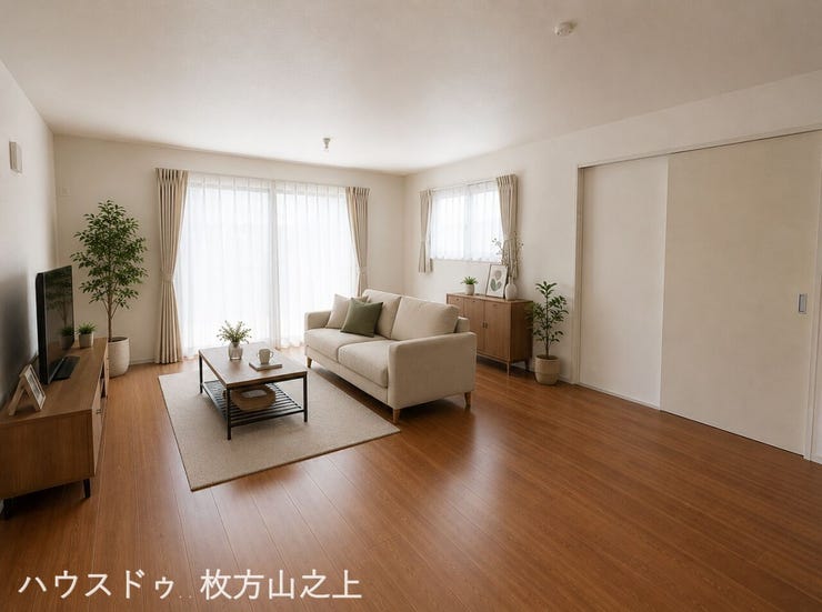 大きな窓からたっぷりの陽光が差し込む、明るく開放感のあるリビング。ゆとりのある空間で、ご家族との団らんやくつろぎの時間を快適にお過ごしいただけます。