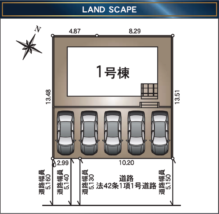 田上台３丁目 新築戸建 【区画図】全1区画、南向き
前面道路幅約5.1ｍ
道路接道幅約13.1ｍ
駐車並列5台分