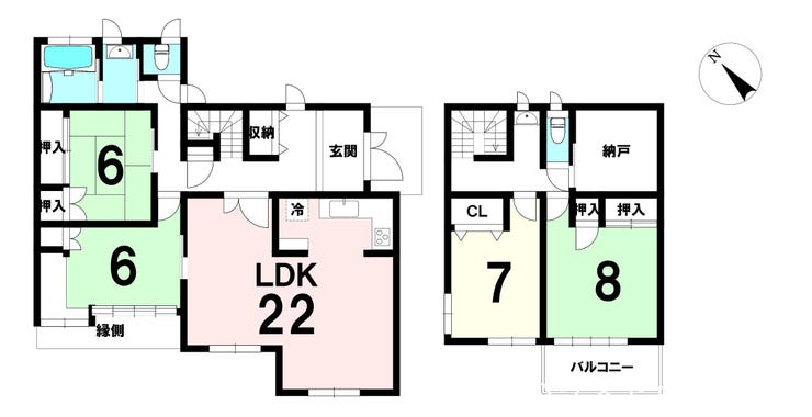 【間取り】
22帖LDKと和室続き間で広々。収納力の高い4SLDKで家事・子育てがしやすい間取り。