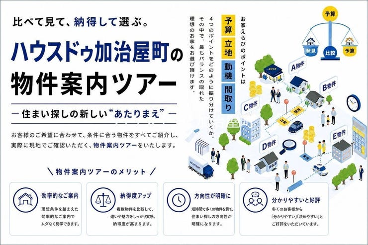 【物件案内ツアー】条件に合う複数物件を同日にまとめて内覧。違いや優先順位が明確になり、納得して選べる効率的な住まい探しをご提案します。