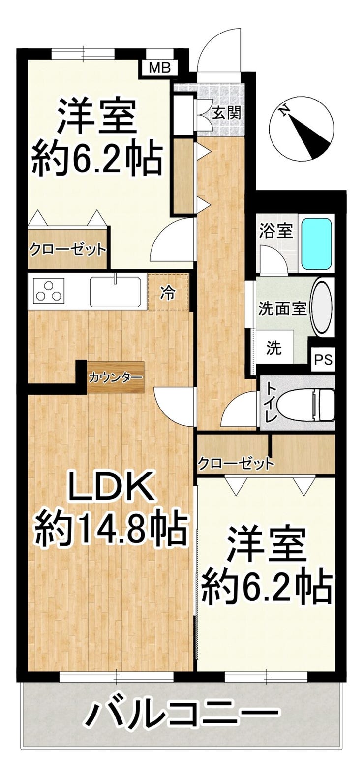 【間取り】
◇全居室約6帖以上を確保したゆとりある2LDK!
~2026年8月中旬リフォーム完了済み!~
→洗面化粧台、トイレ、ユニットバス、システムキッチン、給湯器、建具新規交換♪
