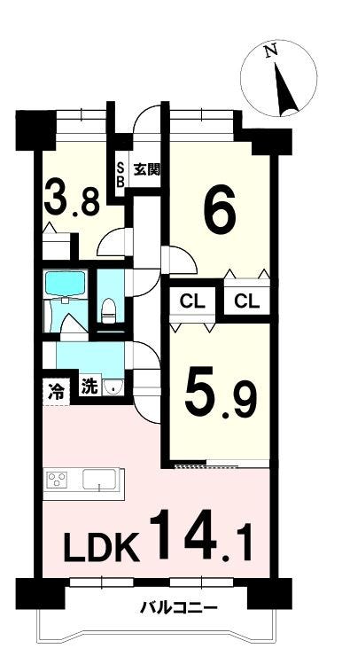 【間取り】
LDKは約14.1帖で家具配置がしやすい整形空間。
南西向き10階につき、陽当りと眺望の心地よさを日々感じられる住戸です。