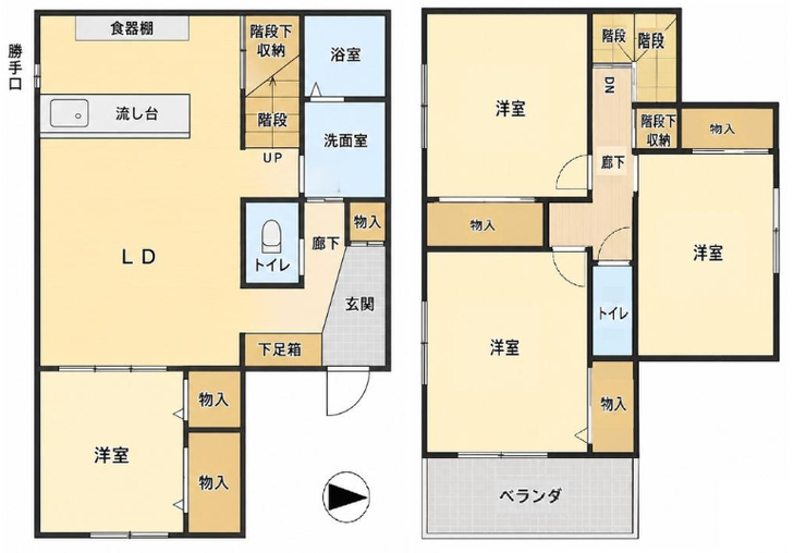 【間取り】
全室洋室の4LDK!各部屋の収納に加え階段下など豊富な収納スペースを完備。1・2階ともにトイレを備え朝の混雑も解消します。勝手口付きキッチンや広々ベランダなど、快適なファミリーライフを叶えてくれます☆