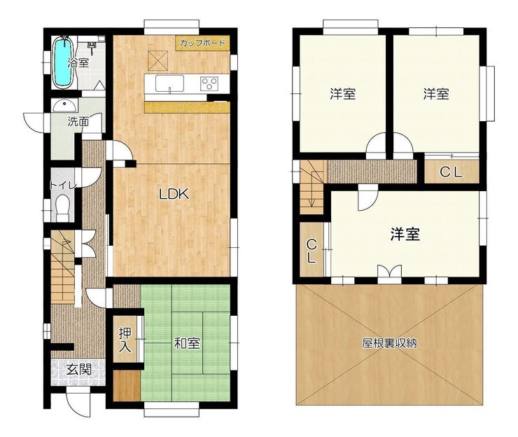 【間取り】
リビング横の便利な和室に加え、2階には洋室3部屋と大容量の屋根裏収納を備えた機能性抜群の間取りです。
