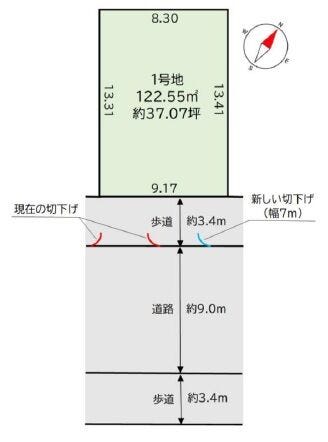 【区画図】
土地面積122.55平米(約37.07坪)、建築条件はございませんので、お好きなハウスメーカーさんで建築可能です!