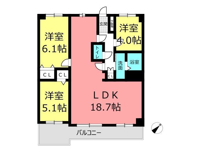 【間取り】
広々としたLDK18.7帖と、各居室に収納を備えた機能的な間取りです。洋室が3部屋あり、ゆったり暮らしたい方におすすめ。バルコニーに面した明るいリビングで、心地よい家族団らんの時間を楽しめます!