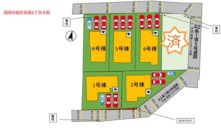 【全体区画図】
並列3台駐車可能で、ご夫婦それぞれの車や来客時にも安心のスペースを完備。