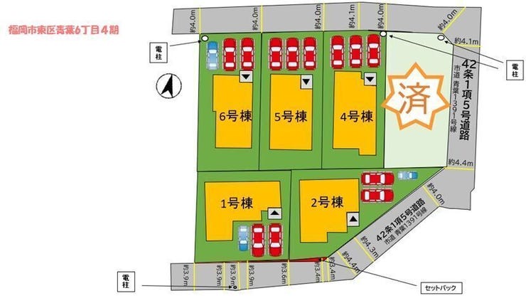 【全体区画図】
並列3台駐車可能で、ご夫婦それぞれの車や来客時にも安心のスペースを完備。