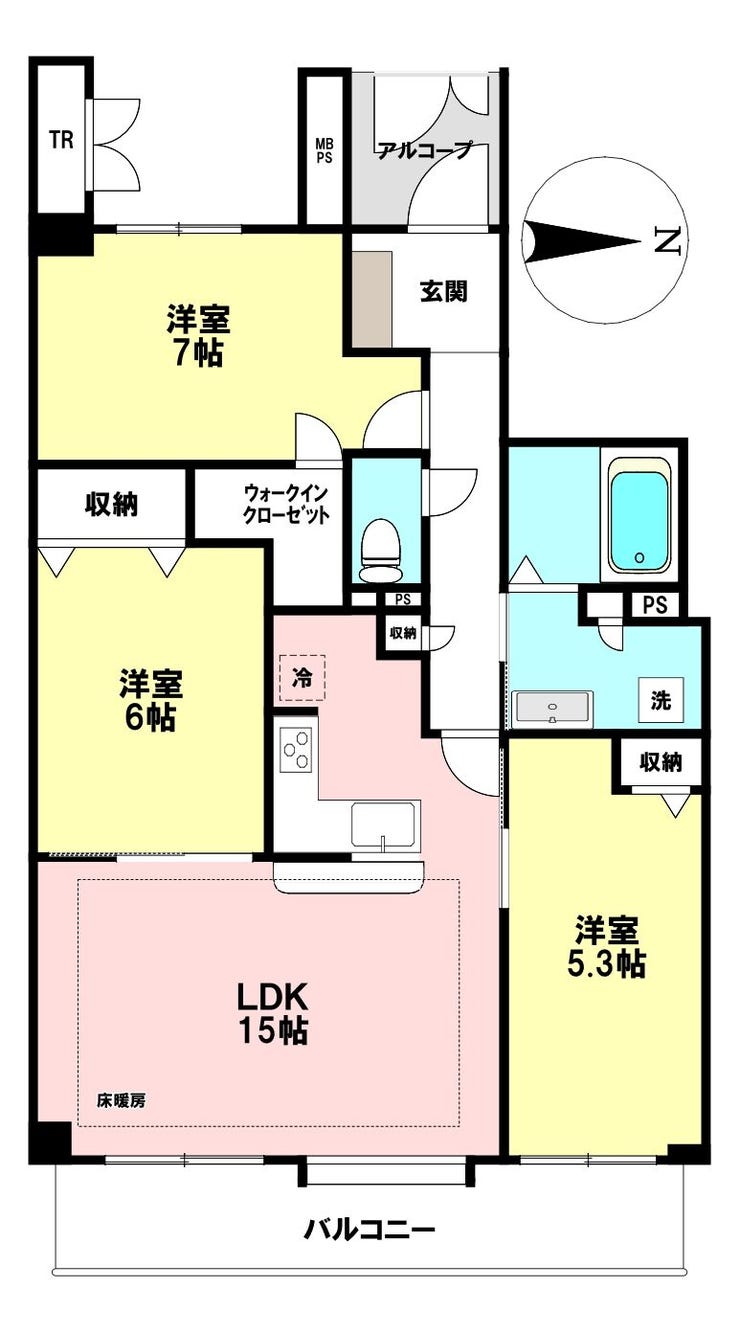 【間取り】
【3LDK】専有面積(壁芯):75.87㎡※トランクルーム面積1.34㎡を含みます バルコニー面積:13.40㎡