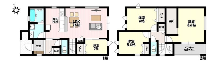 【間取り】
4LDK♪人気のリビング階段仕様♪水廻りが近くて家事動線スムーズ♪