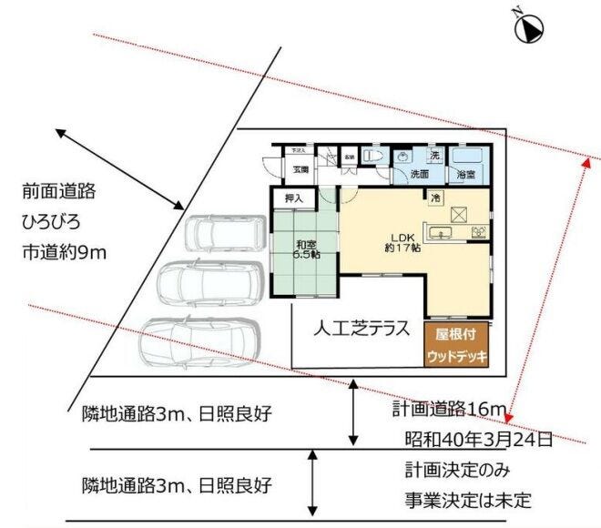 南側は通路(実質幅員6m)のため、南西角地のような立地!
※都市計画道路3・4・13号 堤台岩名線。昭和40年(1965年)3月24日、計画決定のみ。着手見通しは現在はありません。
