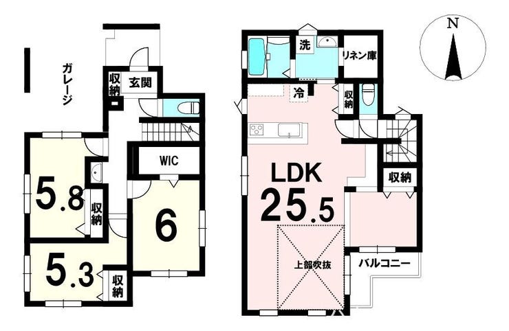 【間取り】
25帖超の広々LDKと収納豊富な1LDK+2S。吹抜とガレージ付きで快適性と機能性を両立した住まい。