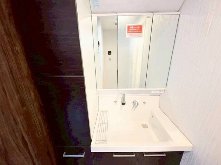 身支度がしやすい三面鏡。裏は収納になっているので、洗面台をすっきりと清潔にお使いいただけます。
