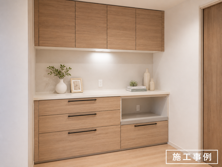 【施工例】令和8年9月上旬新規リノベーション完成予定!キッチン「LIXIL製」システムキッチン 交換(フラットスリム型レンジフード・カップボード設置)