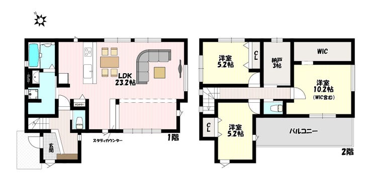 【間取り】
4LDK♪リビングには使い勝手のいいスタディカウンター完備!SICやWICなど豊富な収納スペース♪便利な2WAYバルコニー!
