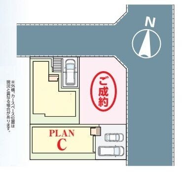 【区画図】
車2台駐車可能!
前面道路幅員9m公道なので、車の取り回しも◎