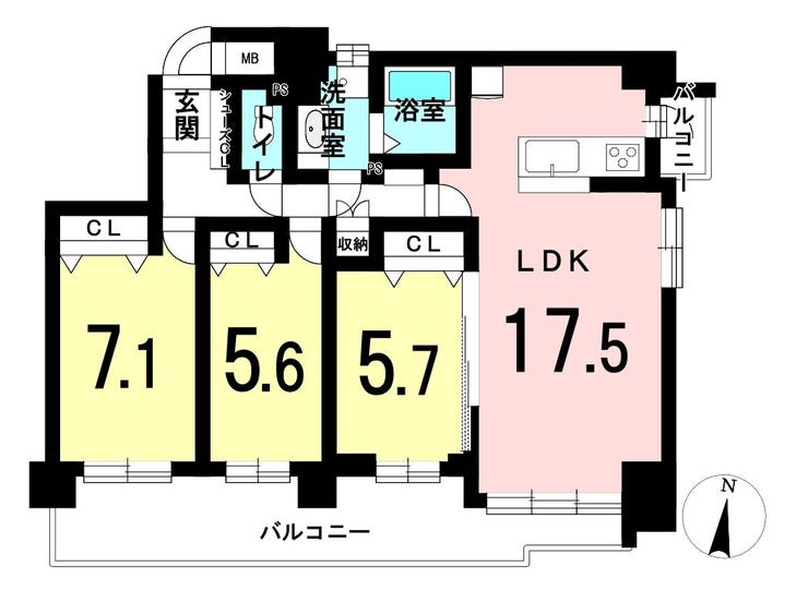 【間取り】
全室南向きで日当たり良好!角部屋のため風通しも良好です。
コミュニケーションのとりやすいカウンターキッチンを採用!収納スペースも豊富なお部屋です。