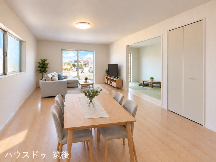【リビング】
【和室とつながる17帖LDK】隣接する和室と合わせるとさらに空間が広がります!生活イメージが広がるお部屋です。
(※家具家電・照明・小物はCG合成です。)