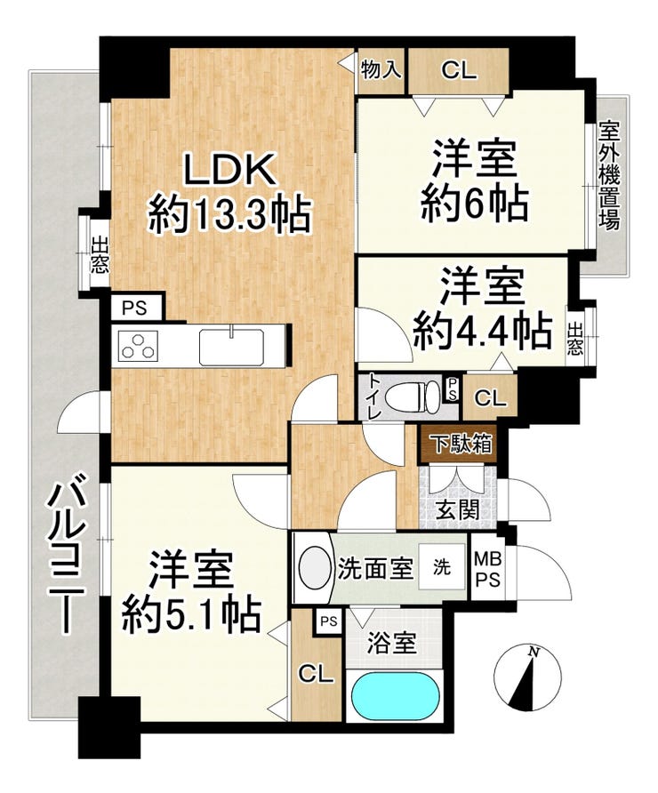【間取り】
◇3LDKの使いやすい間取り♪各居室にクローゼットを備え、収納スペースも充実!
→LDKと洋室には出窓付き♪開放感のある明るい住空間が魅力です!