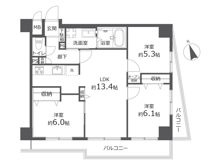 【間取り】
南東角部屋・専有面積66.70平米の3LDK。全部屋に窓と収納あり、LDKは13平米超!