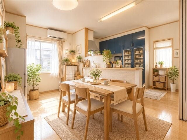 【リビング】
リビングとダイニングキッチンがワンフロアに集まった開放的な空間。
できた料理をすぐに食卓へ運べるのも嬉しいところです。
※実際の写真に家具や調度品をCG合成したものです。