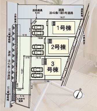 全体の配置や棟ごとのゆとりがひと目でわかる区画図です。隣地との間隔もしっかり確保され、全棟が陽当たりや通風に恵まれた、開放感のある心地よい分譲街区となっています。