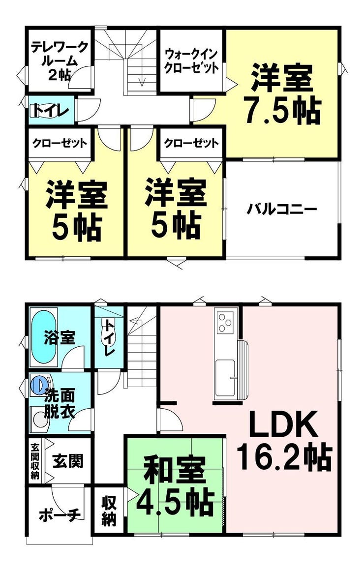 【間取り】
4LDK+WIC+テレワークルーム!16.2帖LDKにウォークインクローゼットを備えた収納充実の住まい♪オール電化・駐車2台可能です。
