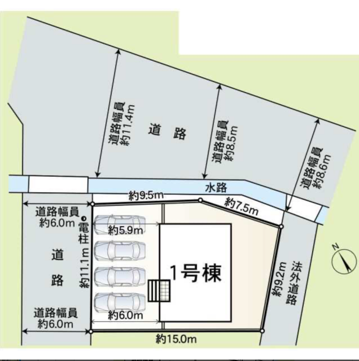 *区画図*
普通車4台駐車可能!ご夫婦それぞれのお車はもちろん、来客時にもゆとりのある駐車スペースです。