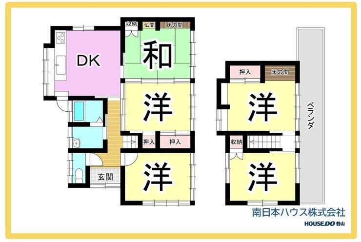 【間取り】
1階にDK・和室1室・洋室2室、2階に洋室2室を配置した5DKです。全居室に収納があり、2階にはベランダも備えています。