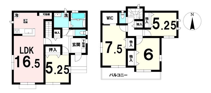 【間取り】
16.5帖と広々としたリビングになっていまして、家具の配置もしやすそうです。
全居室に収納とウォークインクローゼットが付いていて、収納には困らなそうです。