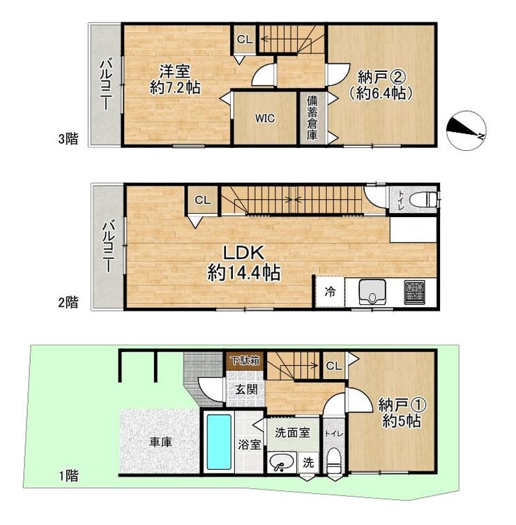 【間取り】
■3階建■1LDK+2S■土地面積49.87㎡■建物面積92.28㎡