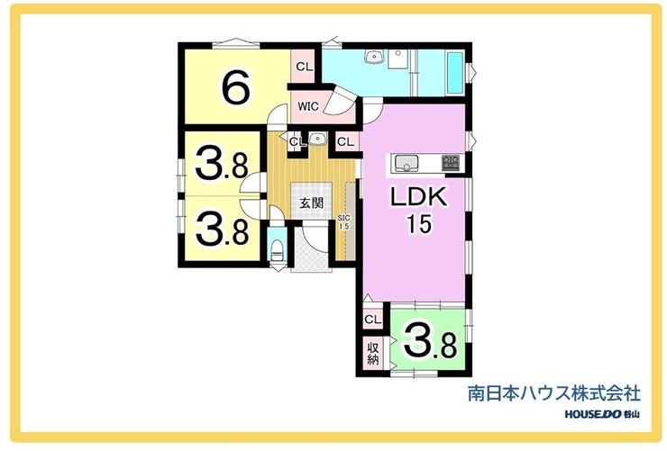 【間取り】
4LDK+WICの平屋住宅!15帖のLDKを中心に、6帖の洋室と3.8帖の居室3部屋を配置。WICやSIC、各所の収納も備えた使いやすい間取りです。