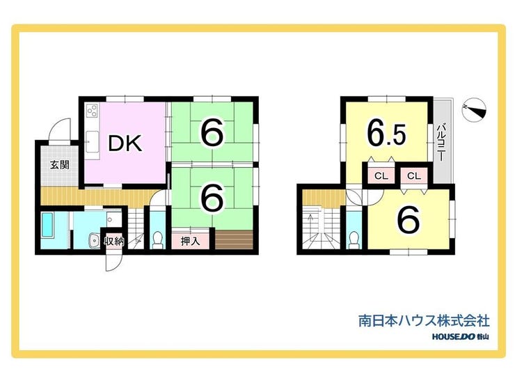 【間取り】
4DK。全居室6帖以上を確保した、ゆとりある間取りです。1階はDKと和室2部屋、2階は洋室2部屋を配置。収納やバルコニーも備え、使い分けしやすい住まいです。