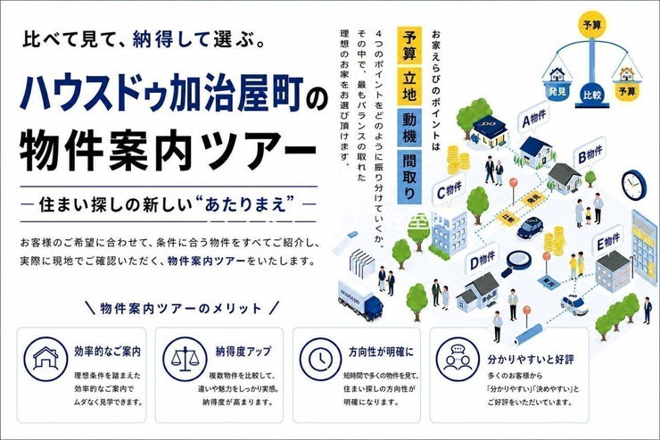 【物件案内ツアー】条件に合う複数物件を同日にまとめて内覧。違いや優先順位が明確になり、納得して選べる効率的な住まい探しをご提案します。