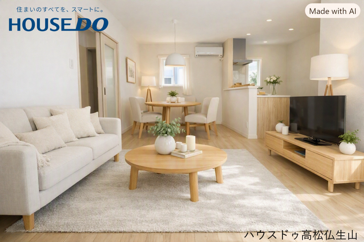 【リビング】
※掲載画像はAIによるホームステージングイメージです。家具・家電・小物はイメージであり、実際には設置されていません。