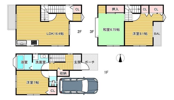 【間取り】
ガレージ1台有の使い勝手の良い3LDKです