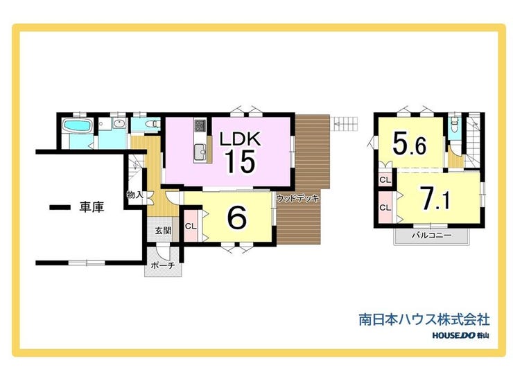 【間取り】
15帖のLDKと3部屋の居室を備えた3LDK。ウッドデッキやバルコニー、車庫も設けられています。
