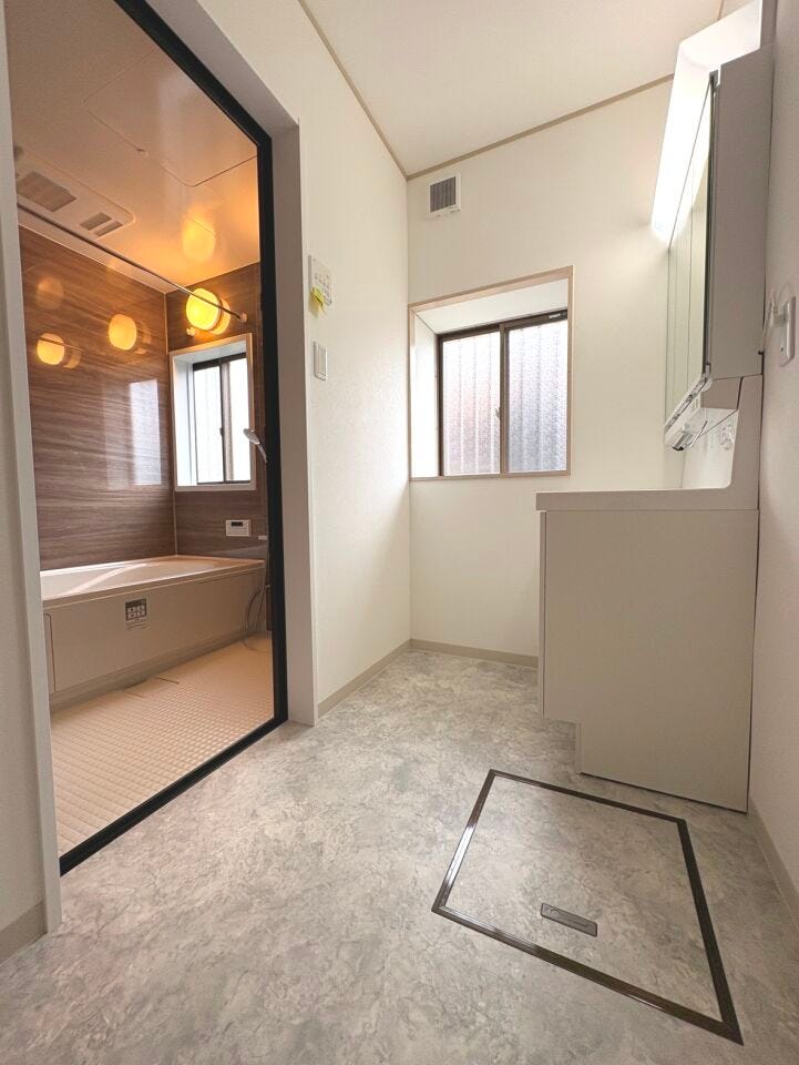 収納充実!三面鏡×シャワー機能付き洗面化粧台。リビング・廊下から出入りでき家事効率がUP♪