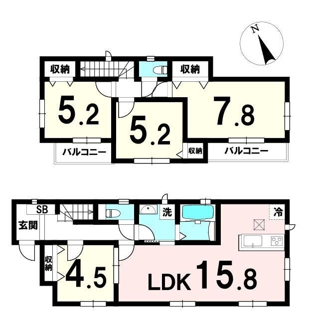 【間取り】
LDK15.87帖の広々空間に、全居室収納付きの4LDKプラン。
2階は7.87帖主寝室+洋室2部屋で使い勝手◎
南側道路で陽当たり良好、家族が快適に暮らせる間取りです。