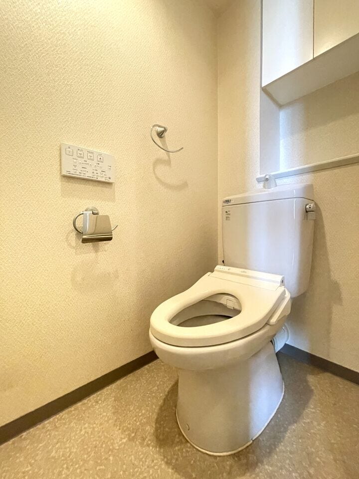 ◇トイレ◇
トイレには収納スペースが付いています。トイレットペーパーやお掃除道具などあまり見られたくないものを収納するのに重宝します。生活感が出にくく、すっきり片付きますね。