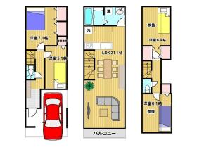 【間取り図】
駐車場付き４LDK、LDKは広々とした21.1帖です。
※仮プランです
※建物面積には車庫、備蓄倉庫含む